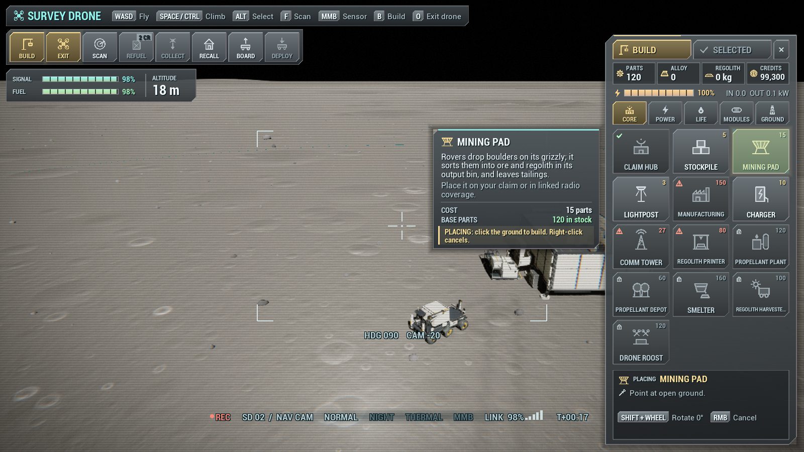 In-game build mode: the survey drone over a lunar claim with the BUILD sidebar open on the Core page and a mining pad tooltip