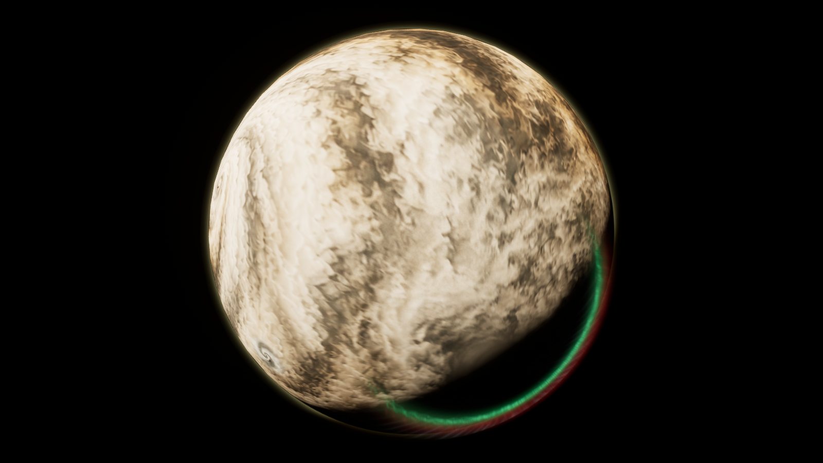 The dead Earth from 4,000 km with a green aurora along its limb, in-engine