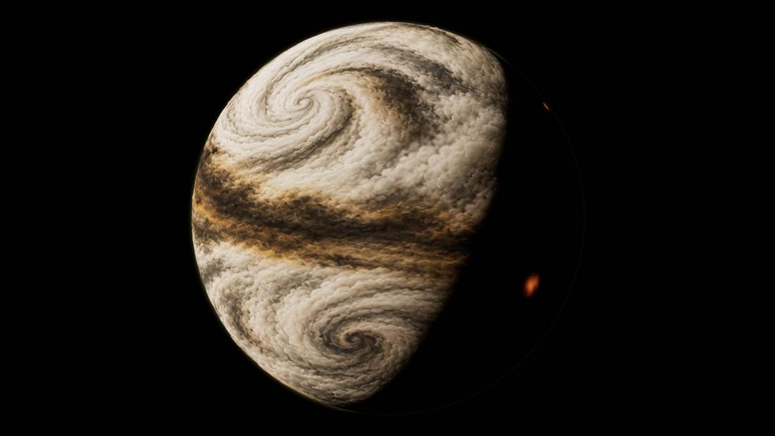 The ruined Earth rendered in-engine: a planet covered in swirling ash-brown storm systems