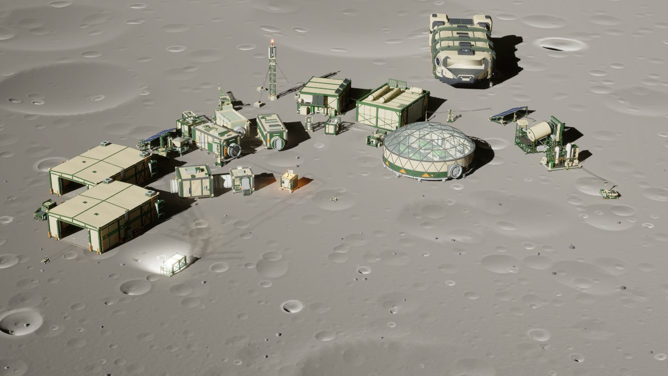 A Freehold base from the air: cream and green modules, hangars and a greenhouse dome, with the Waybill and Trailhead landed nearby