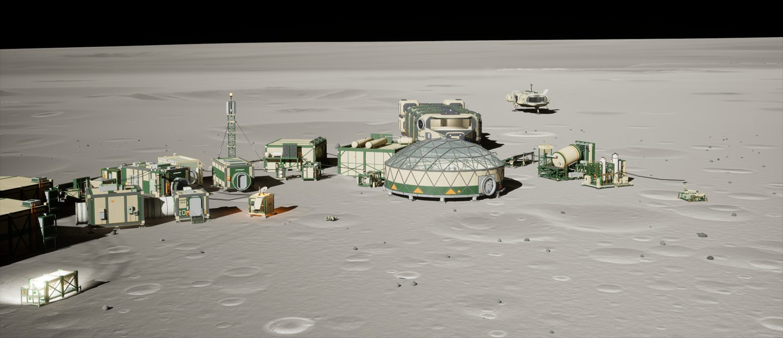 A Freehold base on the Moon: cream and green container modules, a glass greenhouse dome and a lattice mast, with the Waybill and Trailhead landed behind