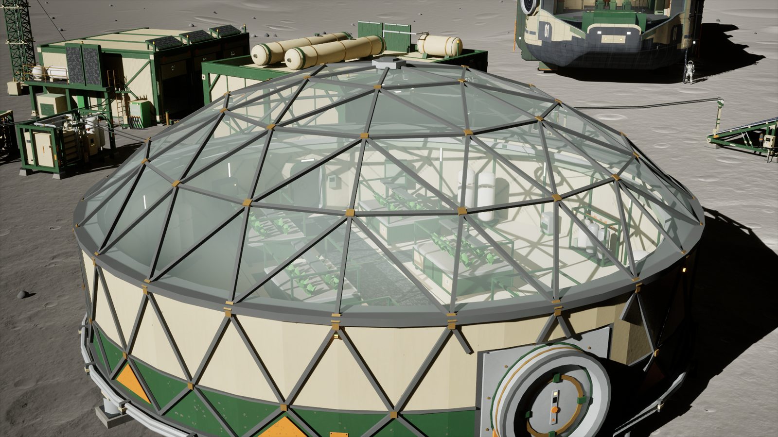 A Freehold farm dome with crop racks visible through its glass