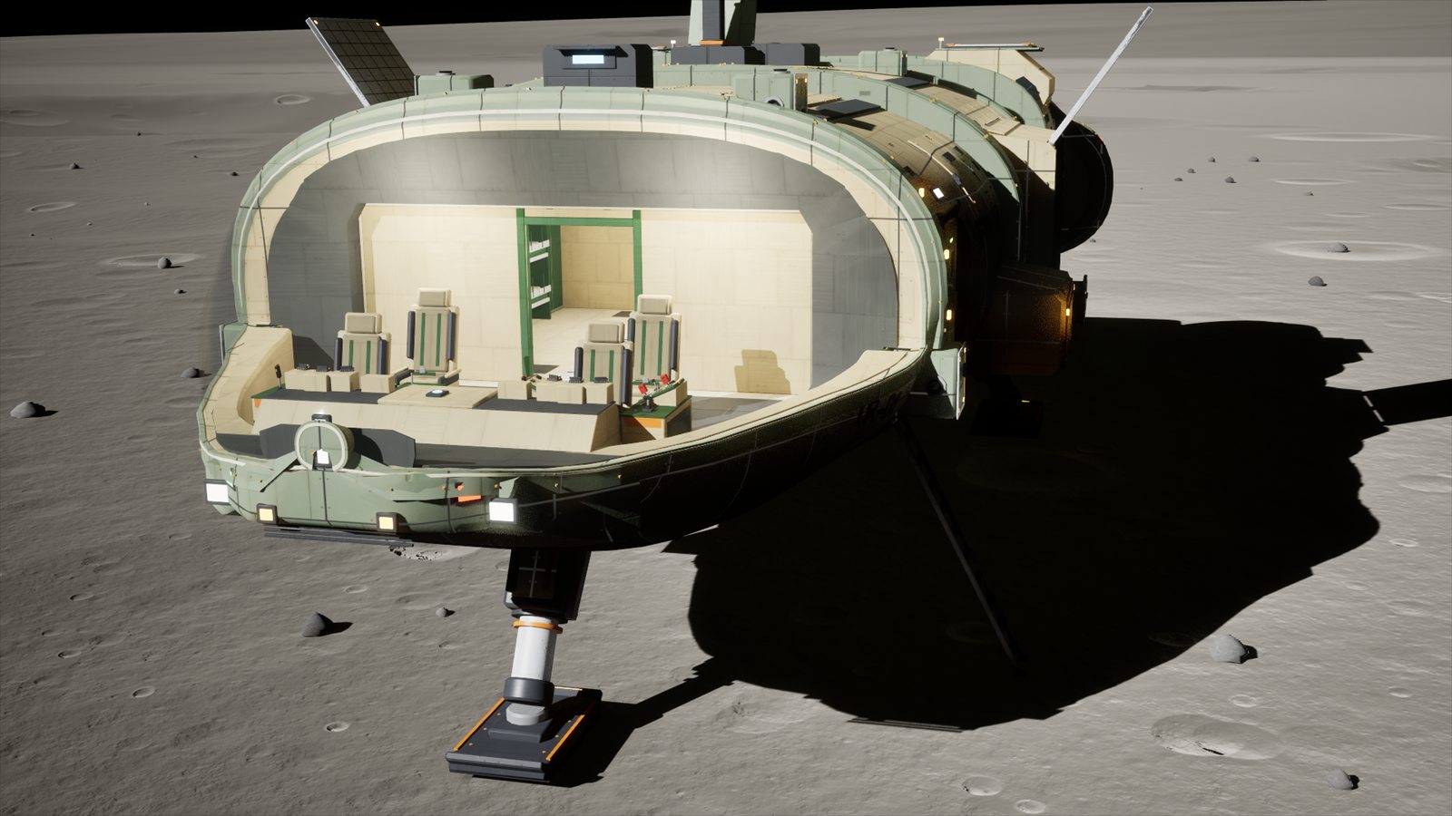 The Freehold Trailhead explorer landed on the Moon, its cockpit visible through the canopy