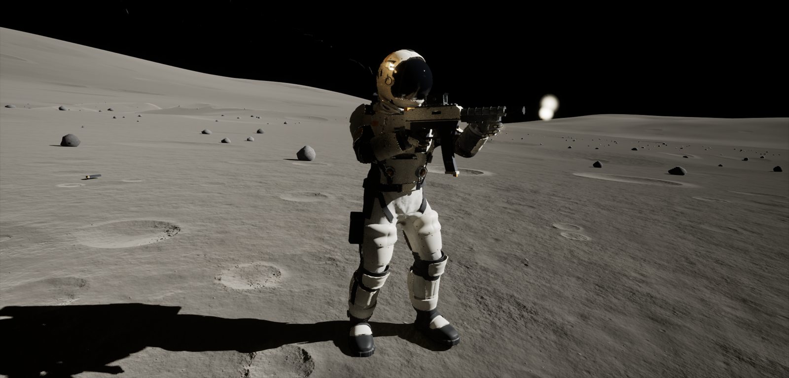 An astronaut firing a carbine on the lunar surface, in-engine third-person view