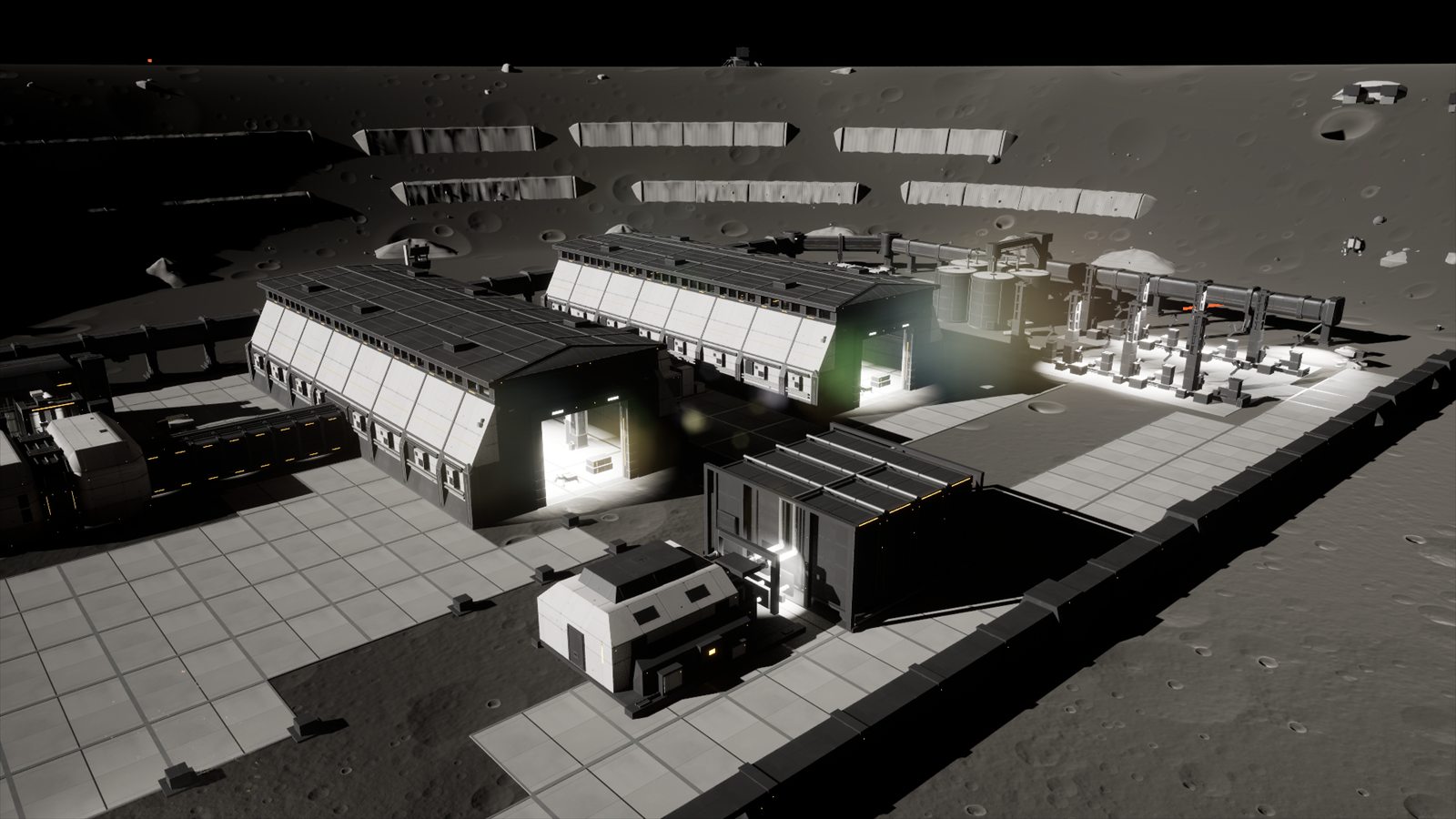 The Crater Foundry: machine hangars, tanks and a pipe rack in a lunar crater, in-engine