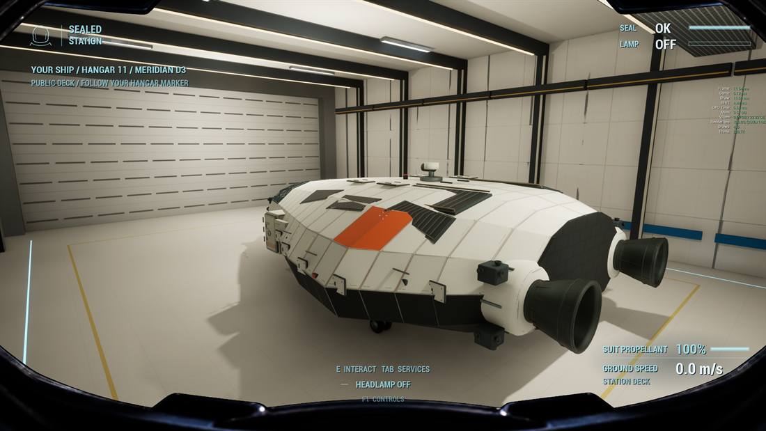 An Explorer ship parked in a Meridian hangar, seen through the helmet HUD