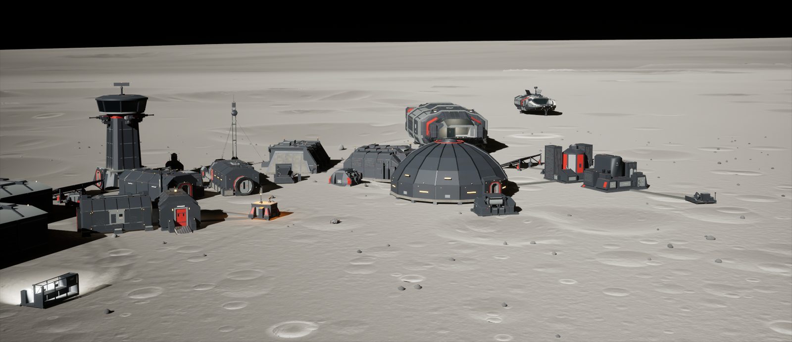 An Ironwatch base on the Moon: dark grey modules with red trim, a watchtower, a domed farm and a comm mast, with the Rampart and Vigil landed behind
