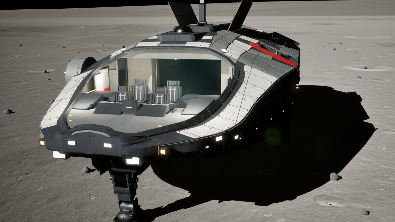 The Ironwatch Vigil explorer landed on the Moon, its cockpit seats visible through the canopy
