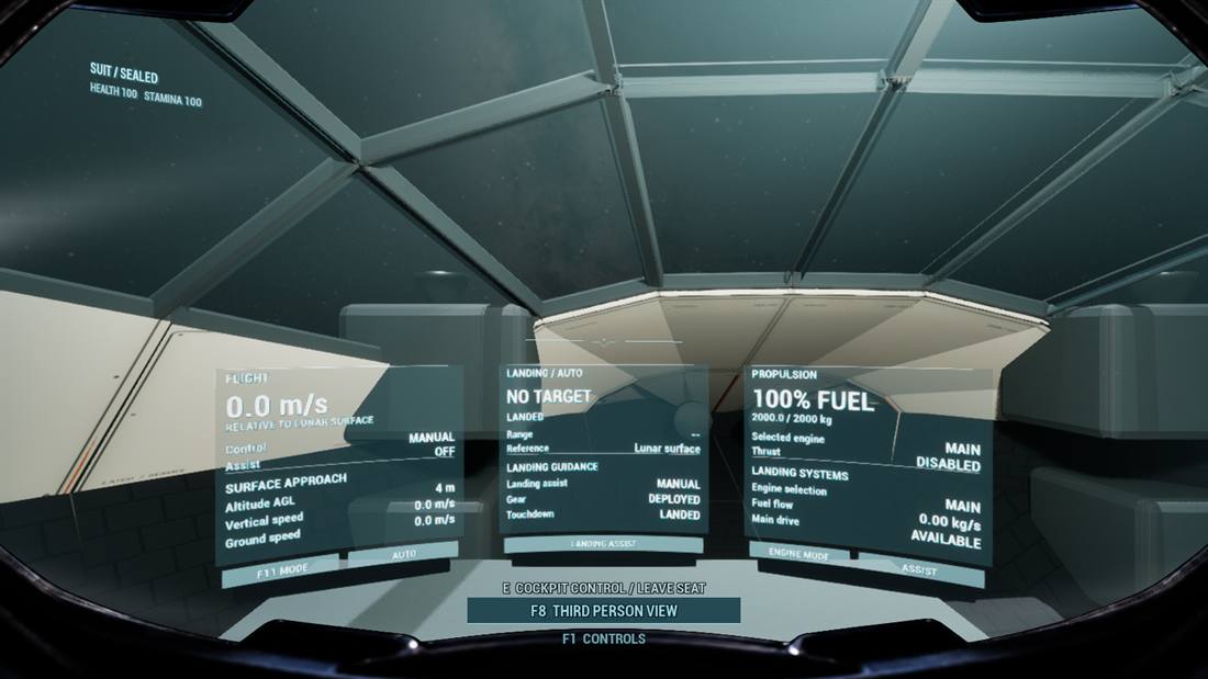 Explorer cockpit with holographic flight, landing and propulsion panels