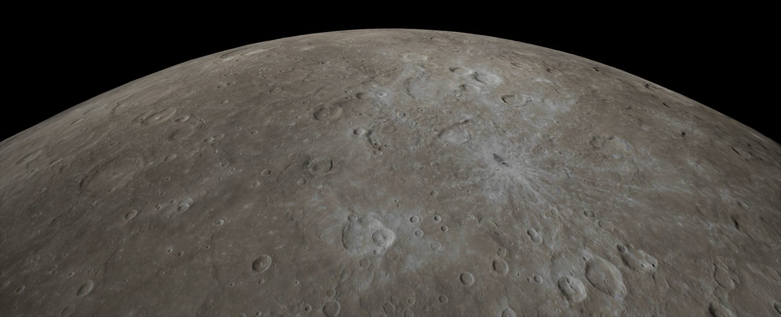 Mercury's cratered horizon with bright ray craters, seen from 500 km, in-engine