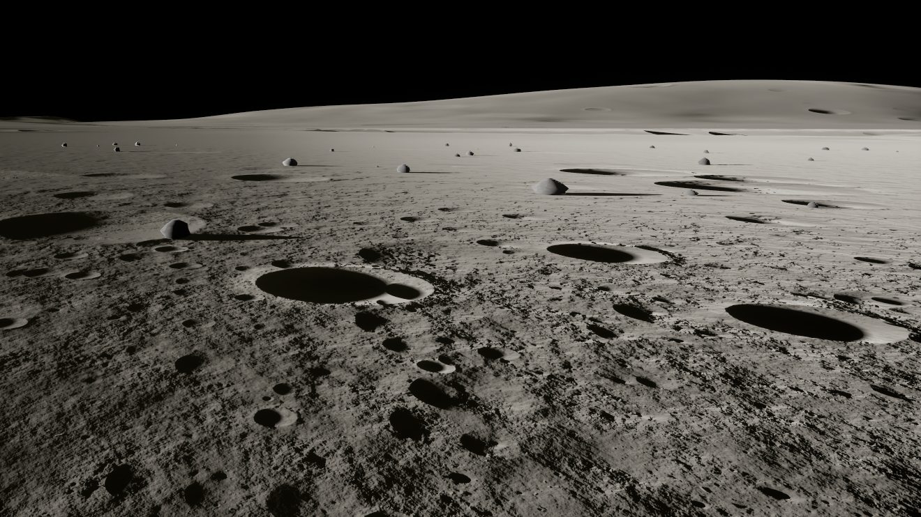 Low sun across a cratered lunar plain, in-engine
