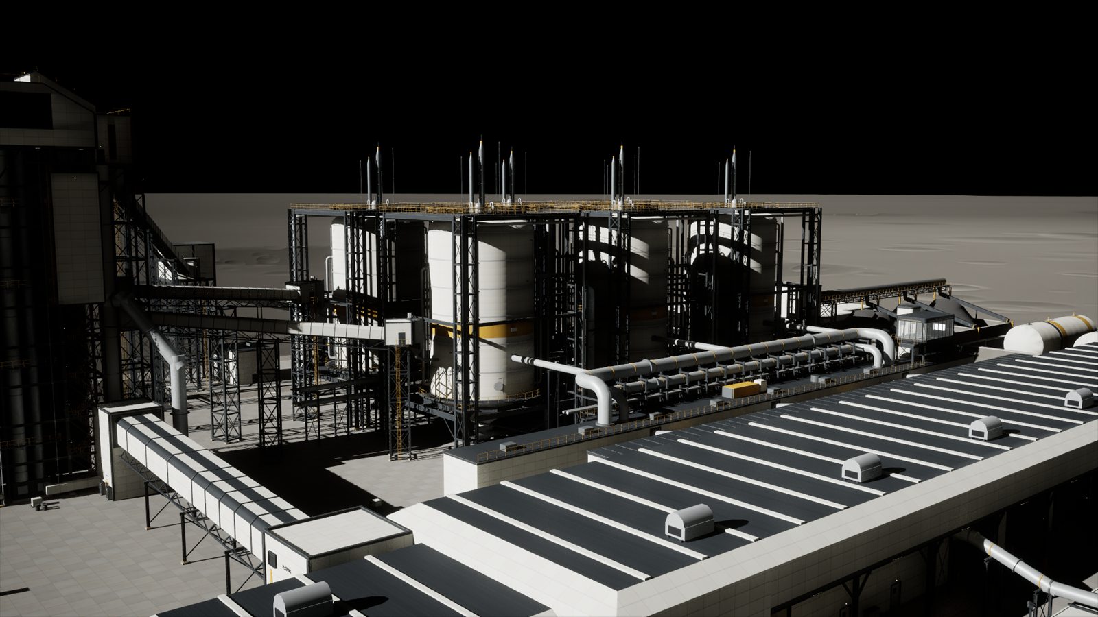Towers, pipework and a conveyor at the Lunar Refinery in daylight, in-engine