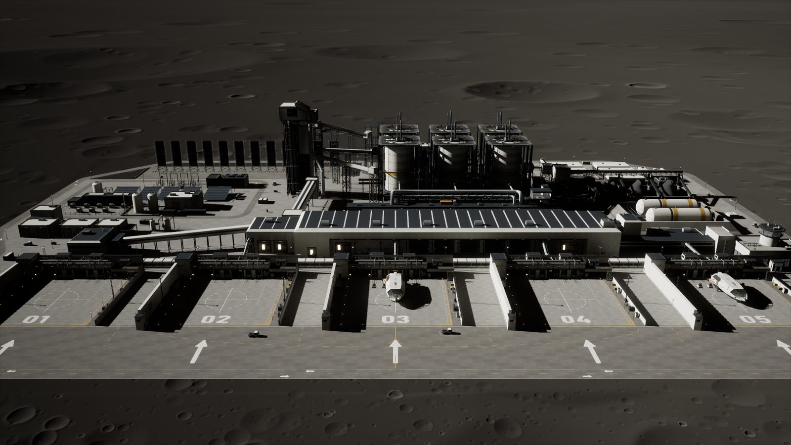 The Lunar Refinery from above: five numbered landing pads, a terminal and ore silos