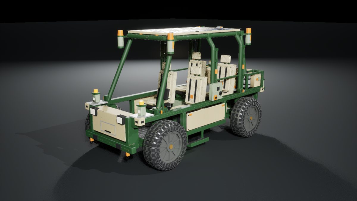 The Freehold crew rover: an open four-seat rover with a green roll cage, in-engine