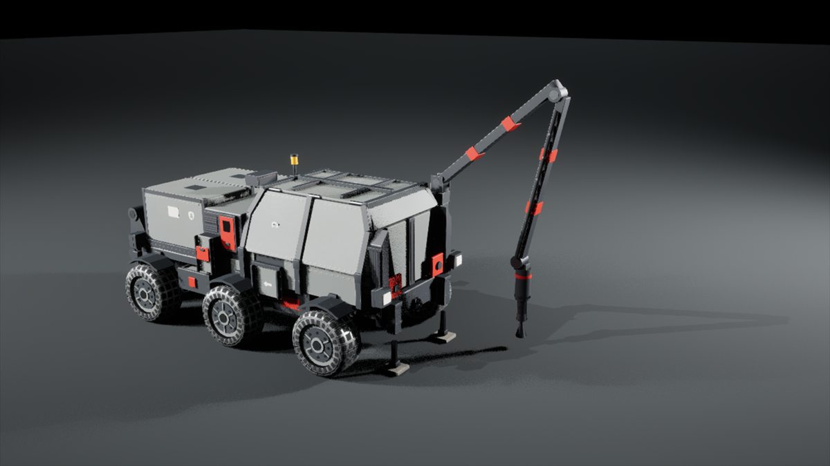 The Ironwatch medium rover with its drill arm deployed, in-engine