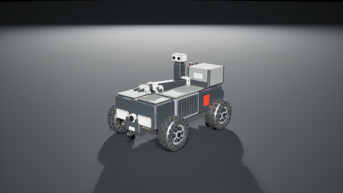 The Ironwatch mini rover, a small wheeled maintenance robot, in-engine