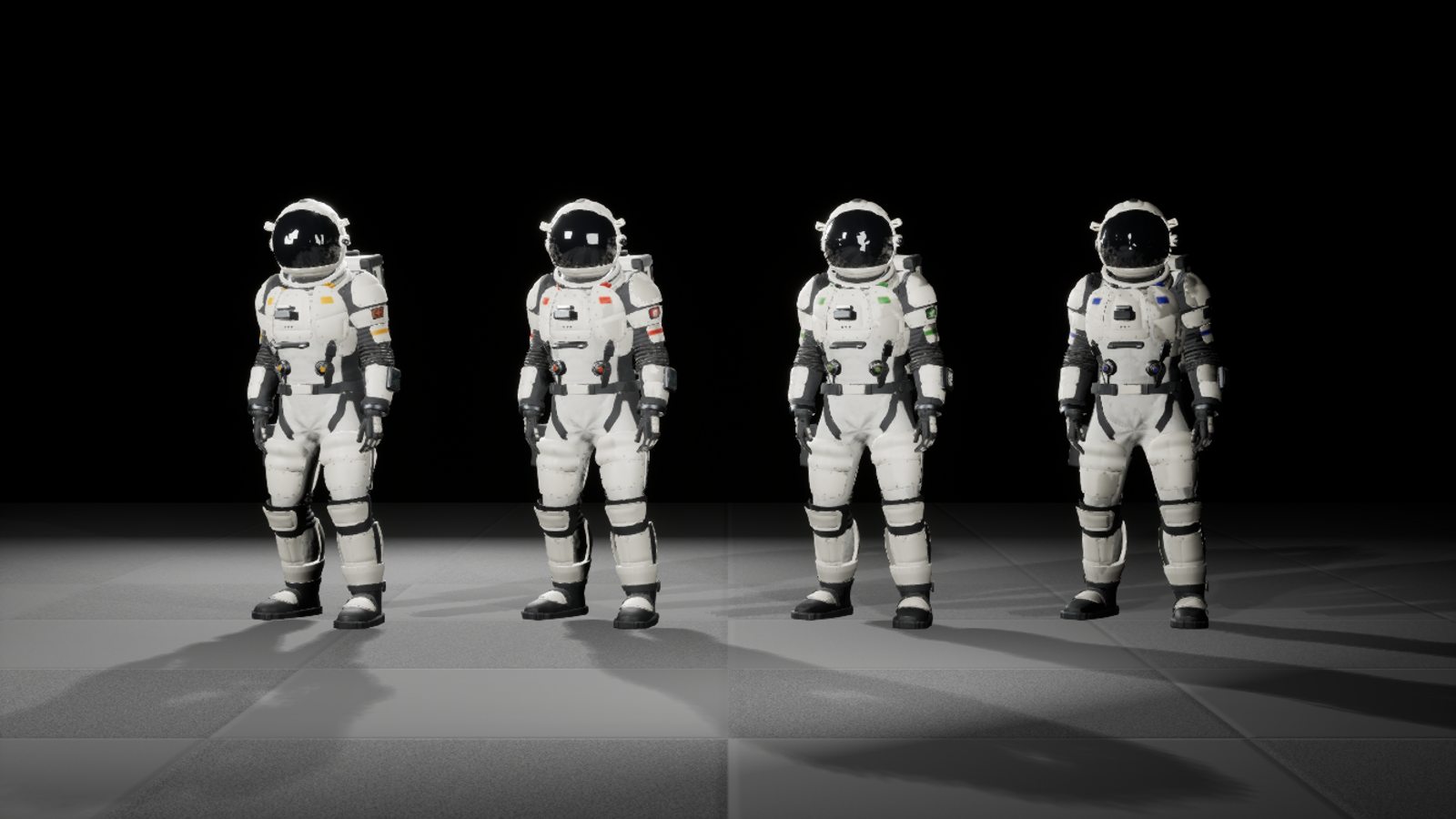 Four spacesuits in company colors standing side by side in a studio