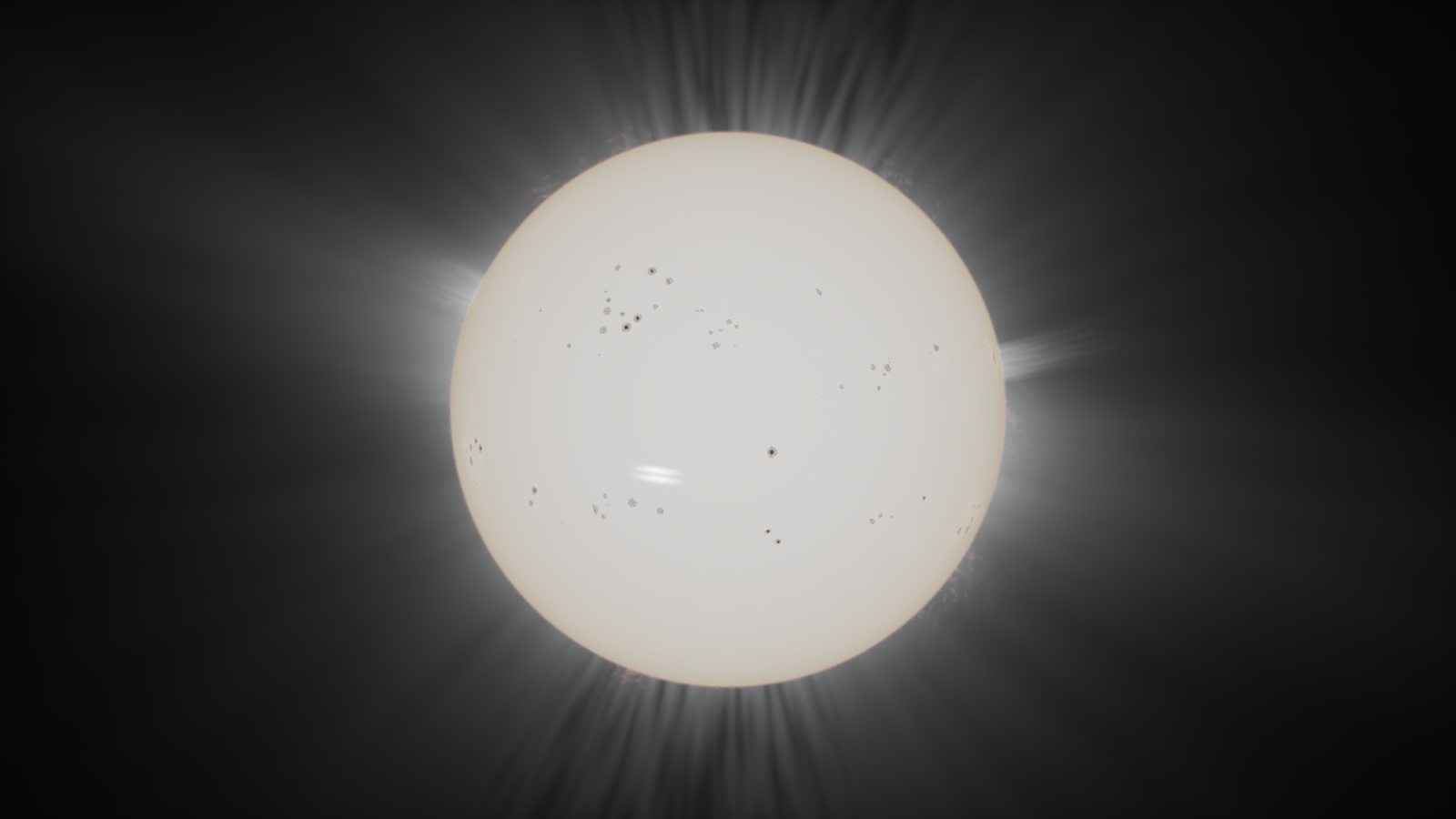 The Sun up close, with sunspots and coronal streamers, in-engine