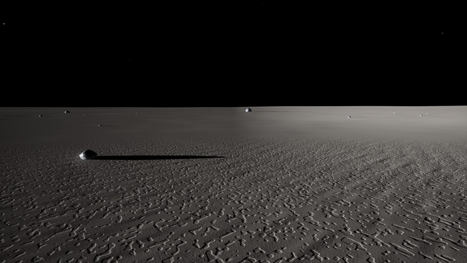 A bright icy plain on Triton with a boulder's long shadow, in-engine