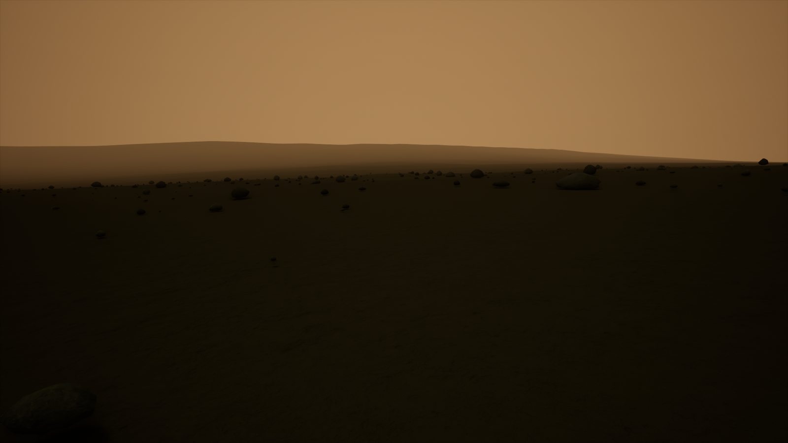 Dim orange haze over a rocky Venusian plain, in-engine